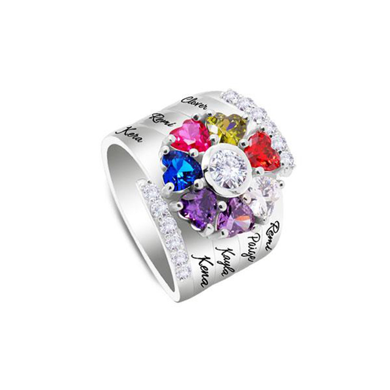 Personalized Heart Assortment 1-8 Birthstones Ring with Engraved Name and Text Mother's Day Birthday Gift for Woman