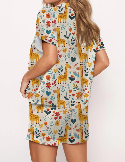Floral Giraffes Print Satin Pajama Short Set