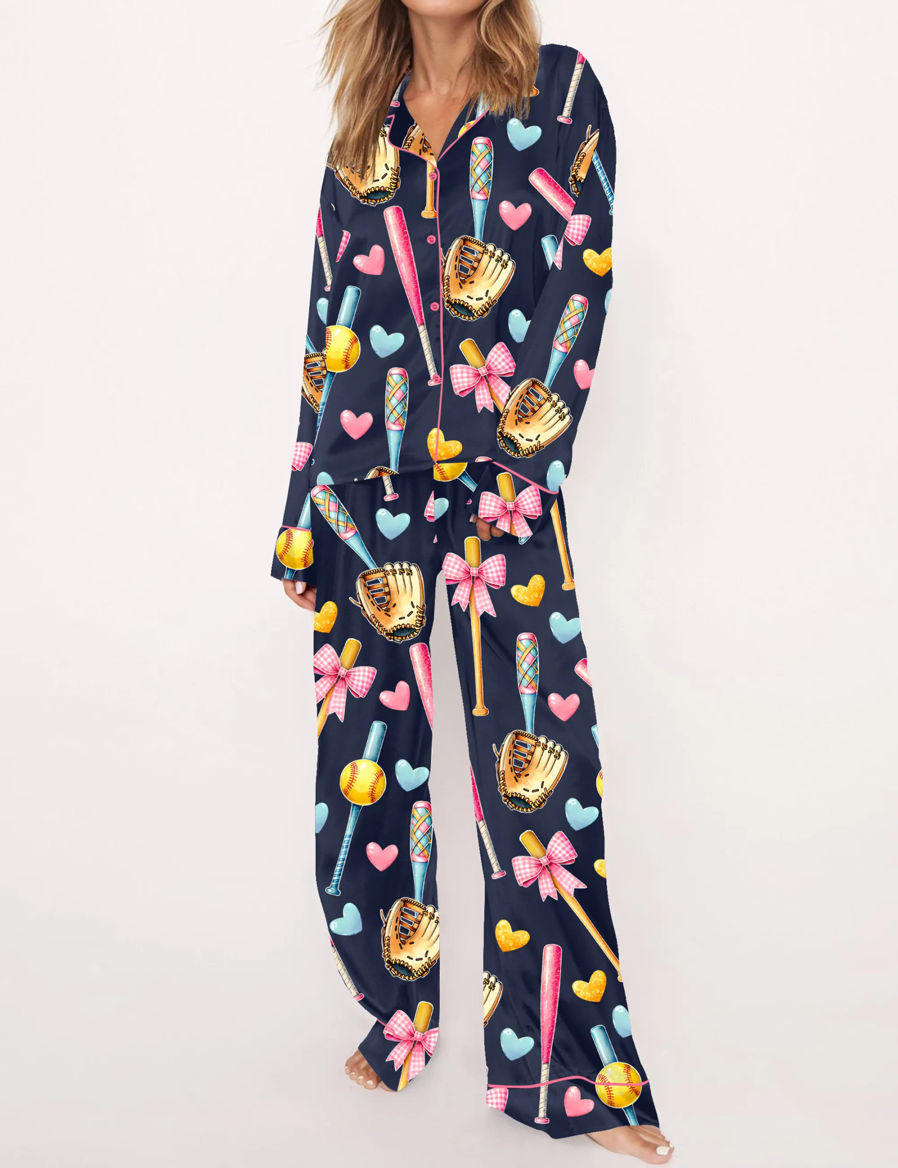 Coquette Softball Satin Pajama Set For Women