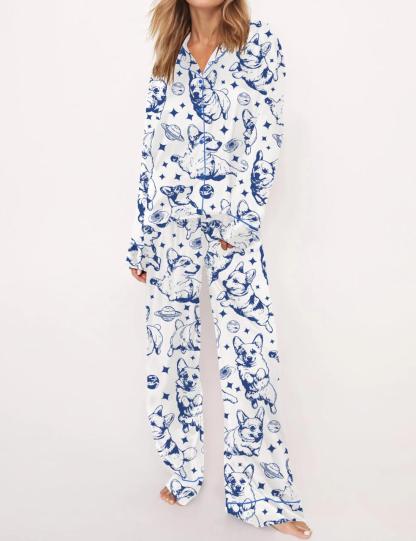 Corgi In Space Satin Pajama Set For Women