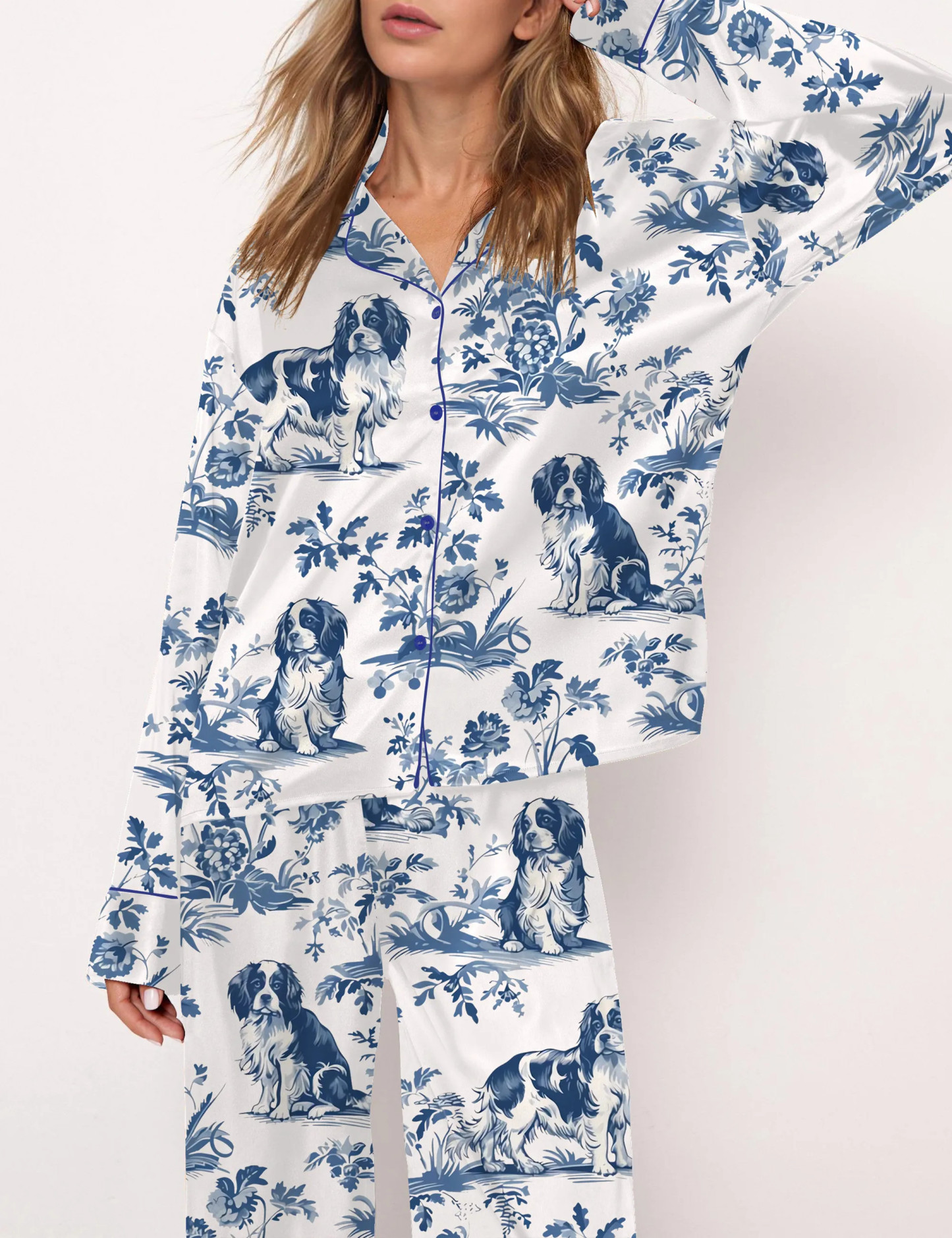 Cavalier King Charles Spaniel Silky Satin Pajama Set For Women