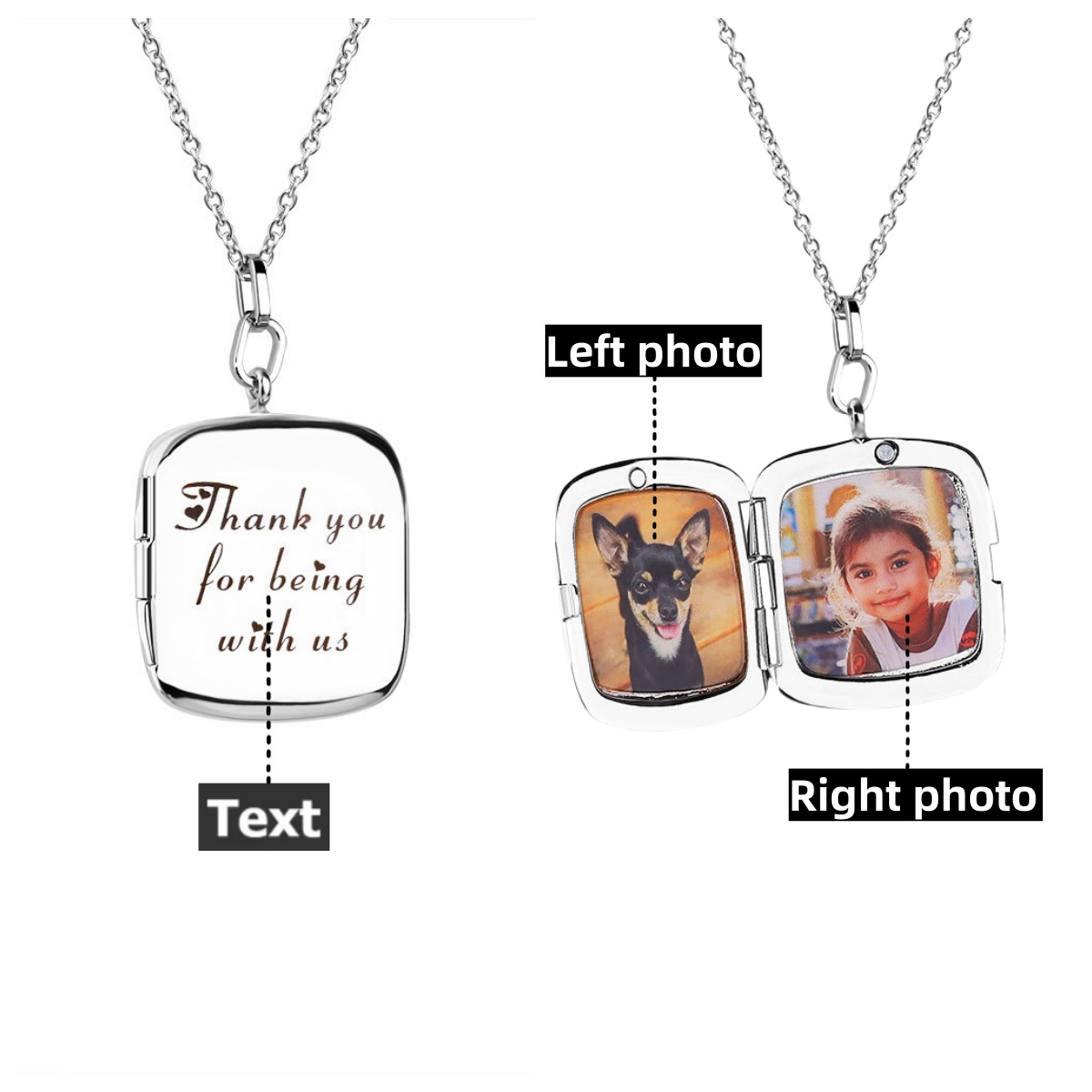 Personalized 2 Photos Square Five Stars Locket Necklace with Engraved Text Mother's Day Birthday Jewelry Gift for Women