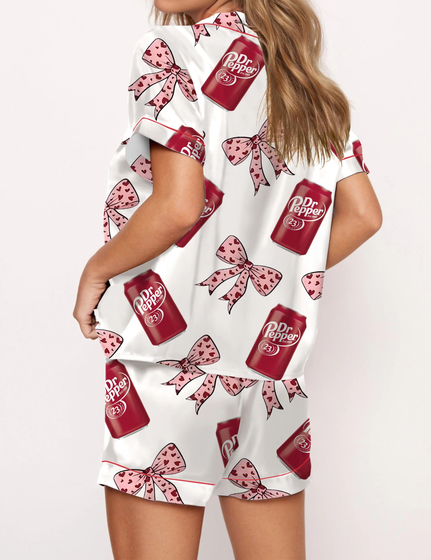 Pepper Drink Pink Coquette Bow Satin Pajama Set For Women