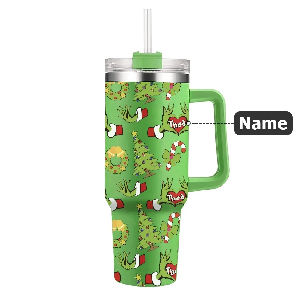 Personalized Funny Green Monster Hand Christmas Tree 40oz Insulated Tumbler with Name and Straw Birthday Christmas Gift for Family Friends