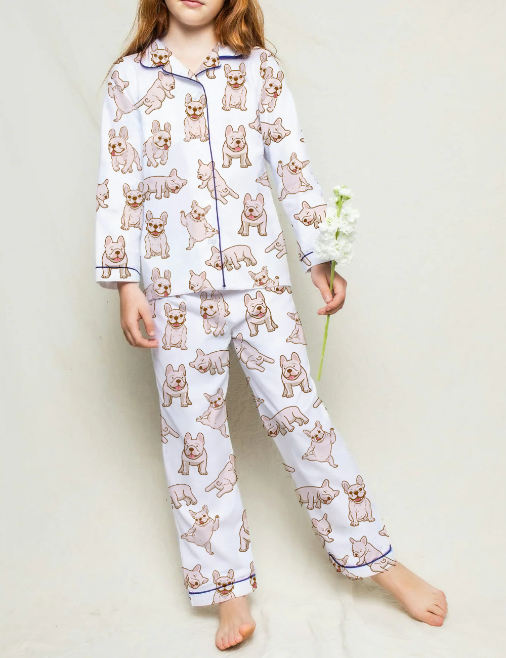 Cute French Bulldog Kid's Short Sleeve  Silky Satin Pajama Set 