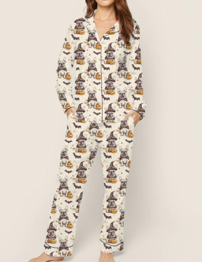 French Bulldog Halloween Silky Satin Pajama Set For Women
