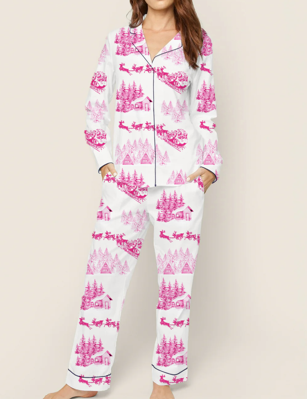 Christmas Theme Toile Silky Satin Pajama Set For Women