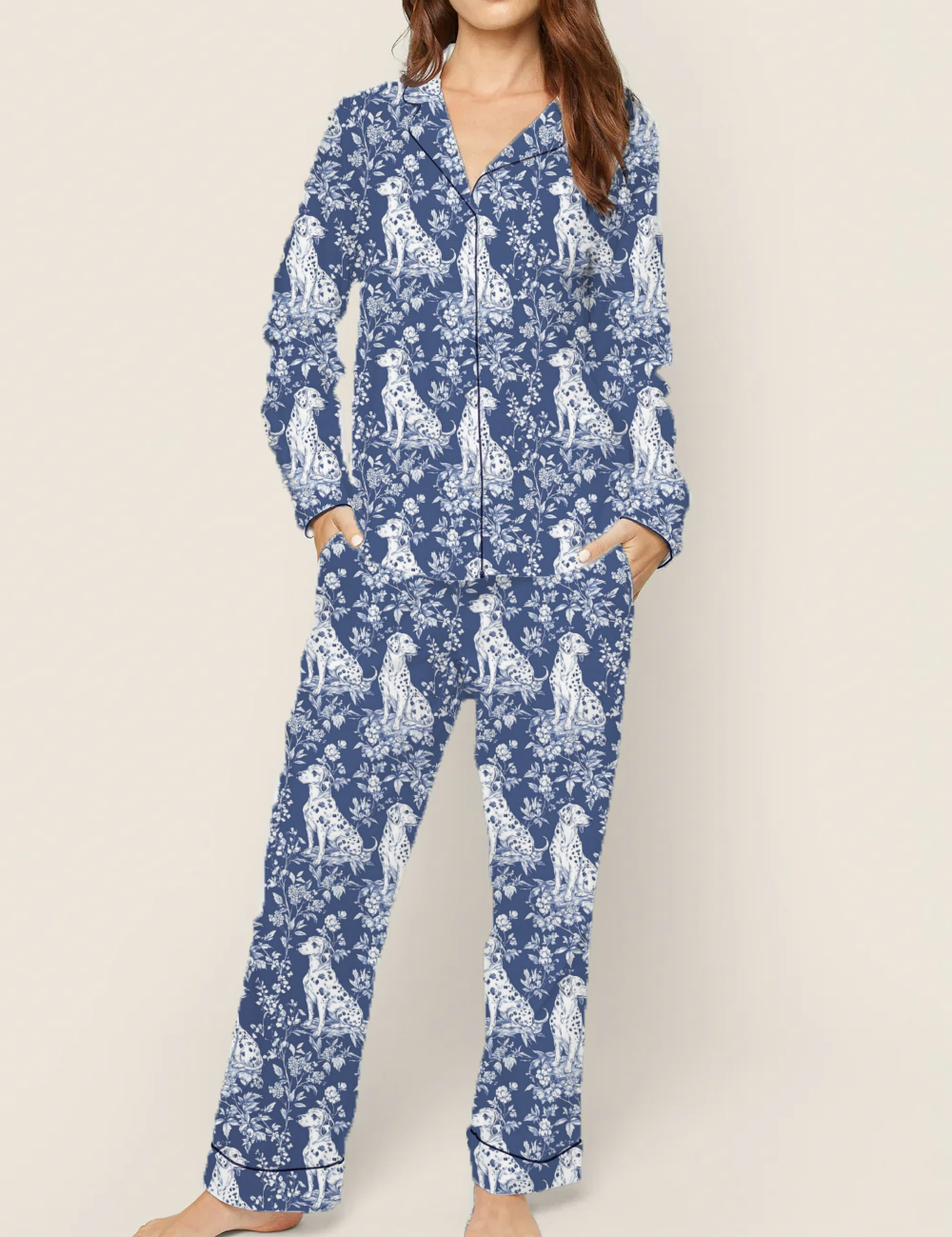 Dalmation Dog Toile Silky Satin Pajama Set For Women