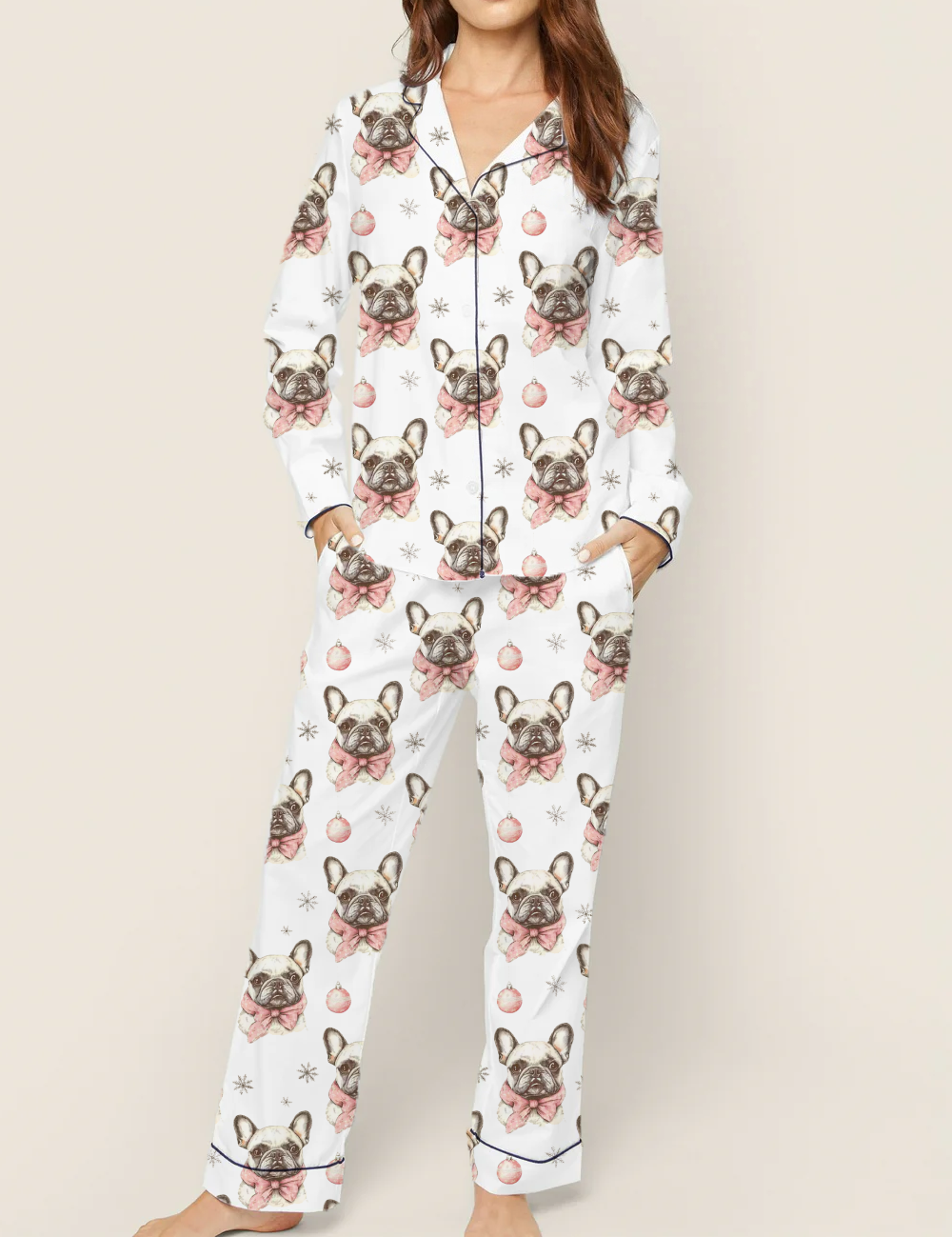 Bow French Bulldogs Silky Satin Pajama Set For Women