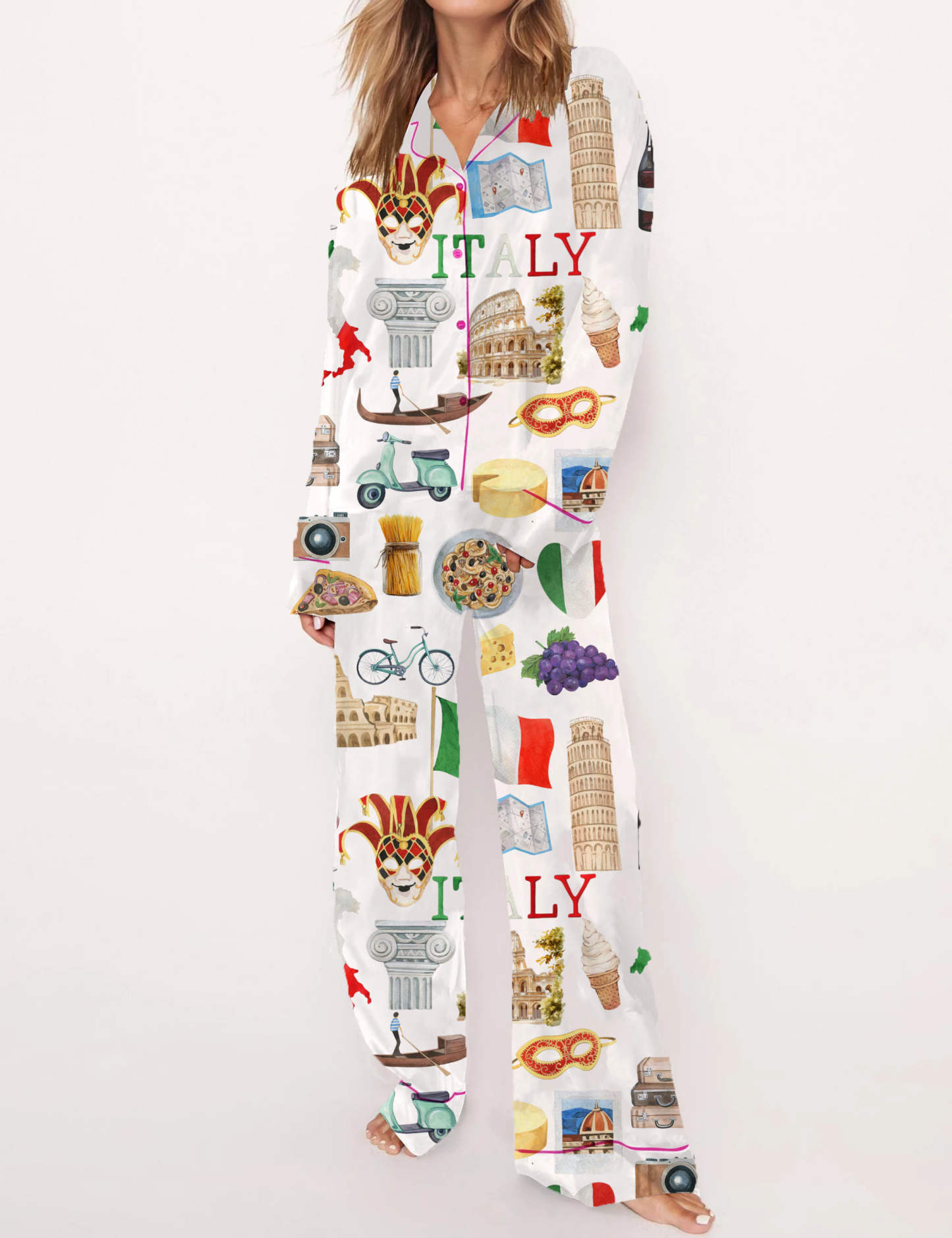 Italy Roma Travel Silky Satin Pajama Short Set For Women
