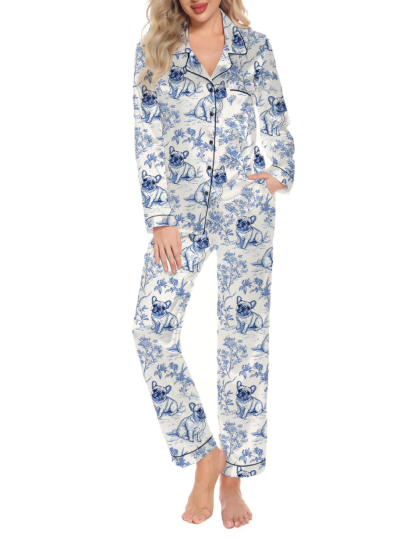 French Bulldogs Toile Silky Satin Pajama Set For Women