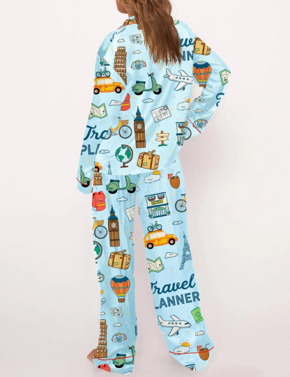 Travel Planner Satin Pajama Set For Women