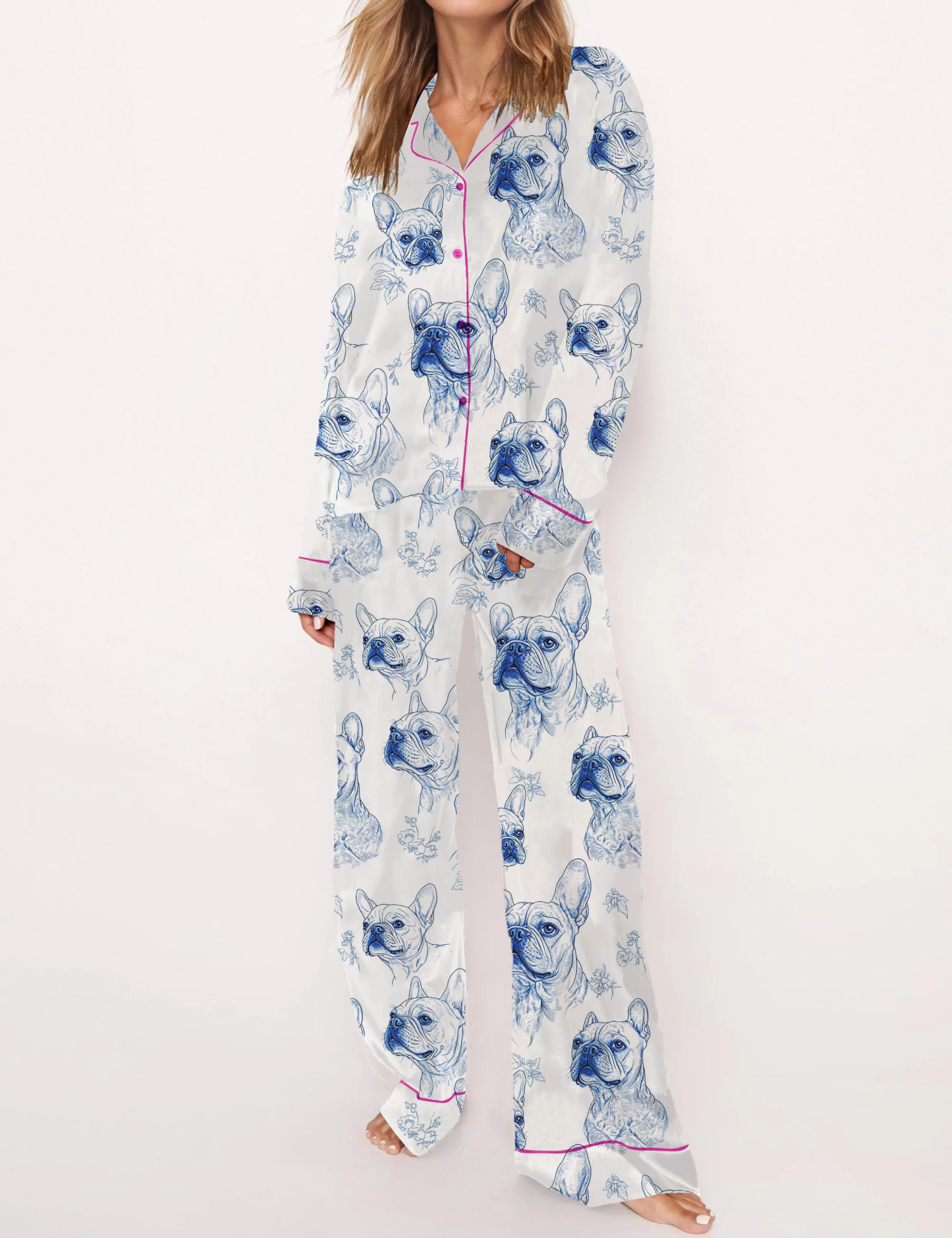 French Bulldogs Silky Satin Pajama Short Set For Women