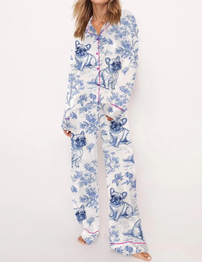 French Bulldogs Silky Satin Pajama Short Set For Women