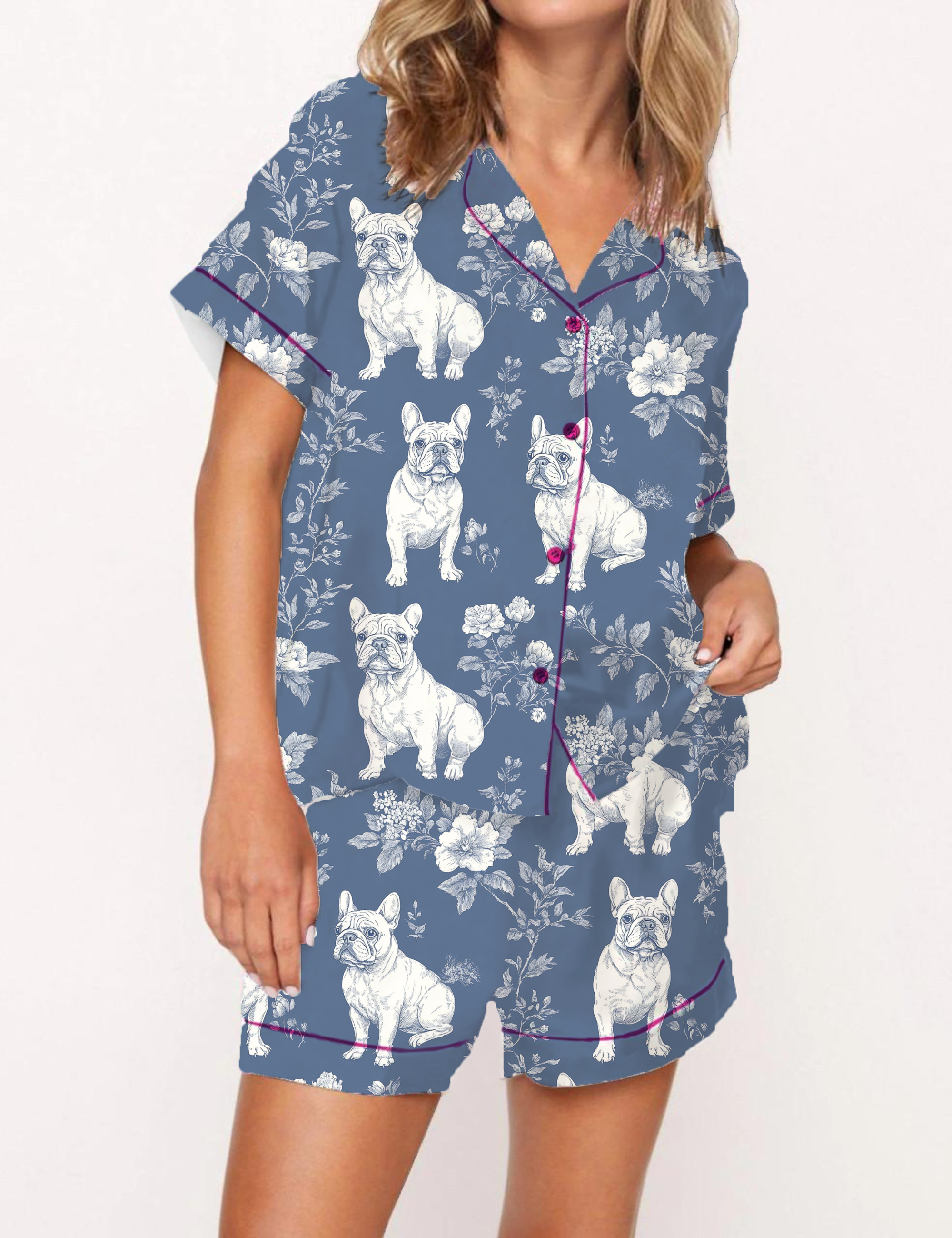 French Bulldogs Silky Satin Pajama Short Set For Women