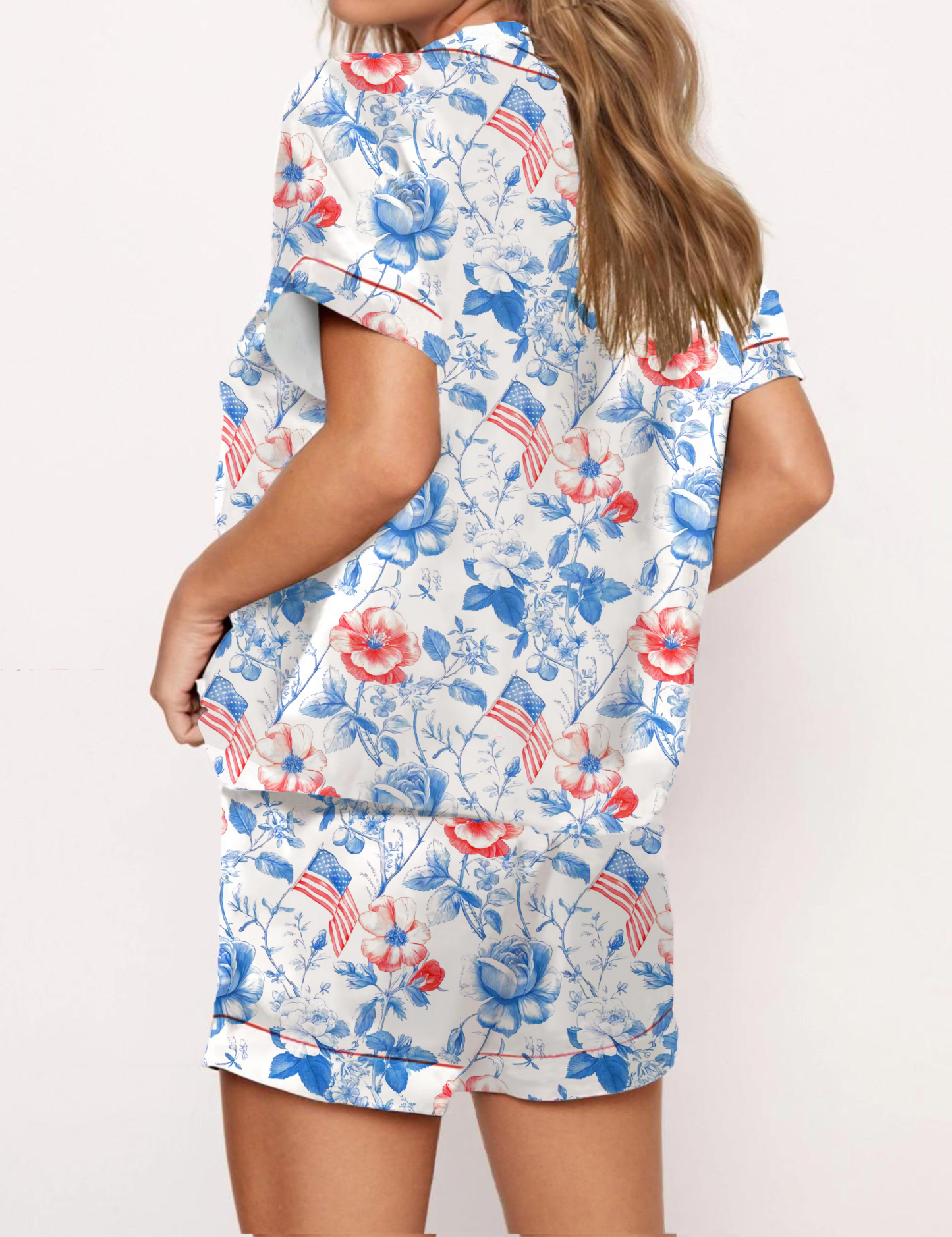Colonial Americana Toile Silky Satin Pajama Short Set For Women