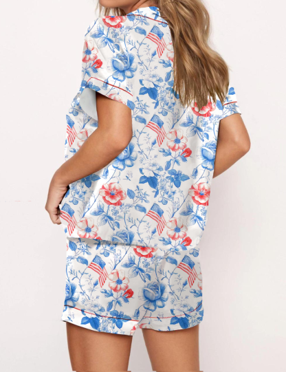 Colonial Americana Toile Silky Satin Pajama Short Set For Women