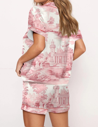 French Toile Silky Satin Pajama Short Set For Women