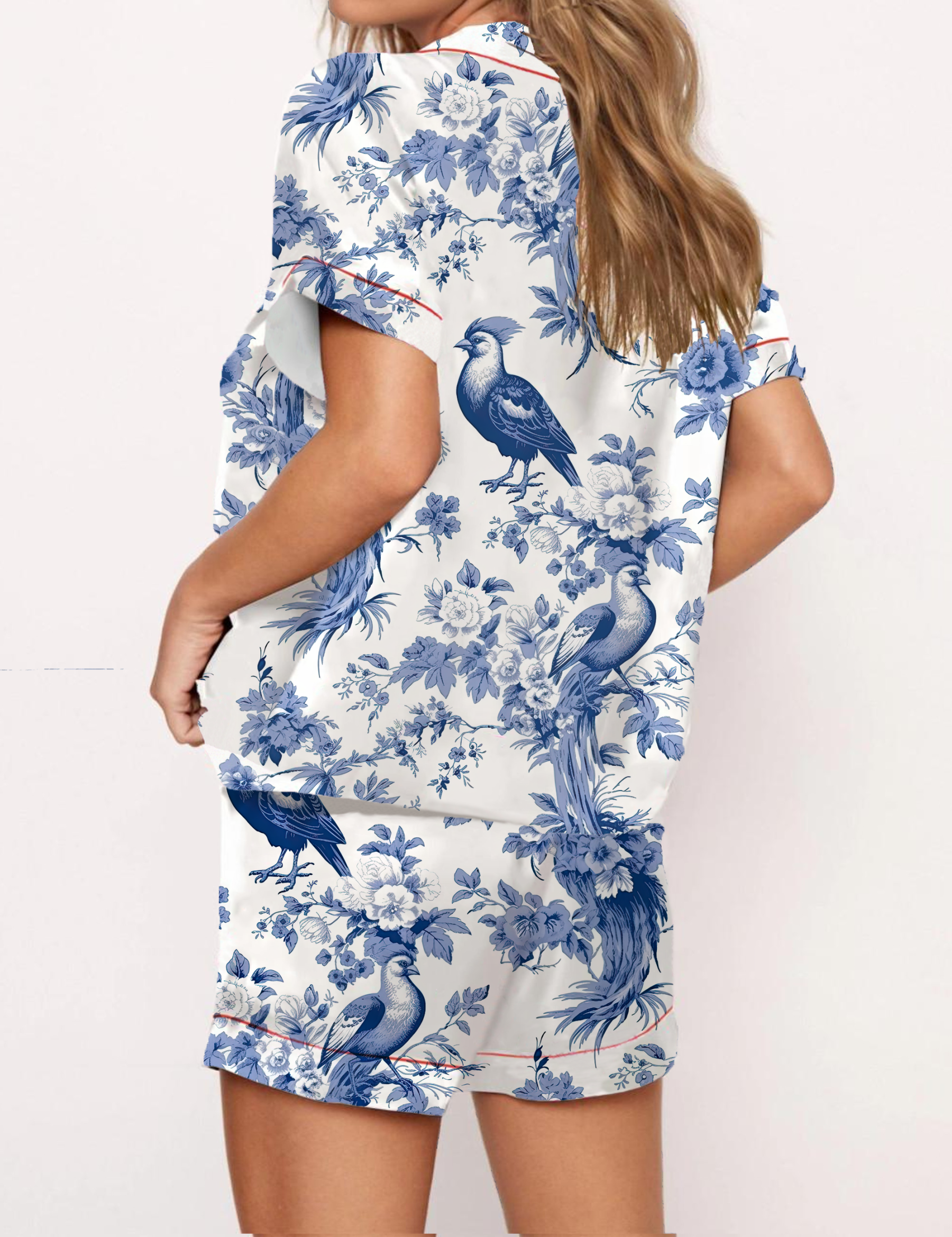 Bird Flower Toile Silky Satin Pajama Short Set For Women