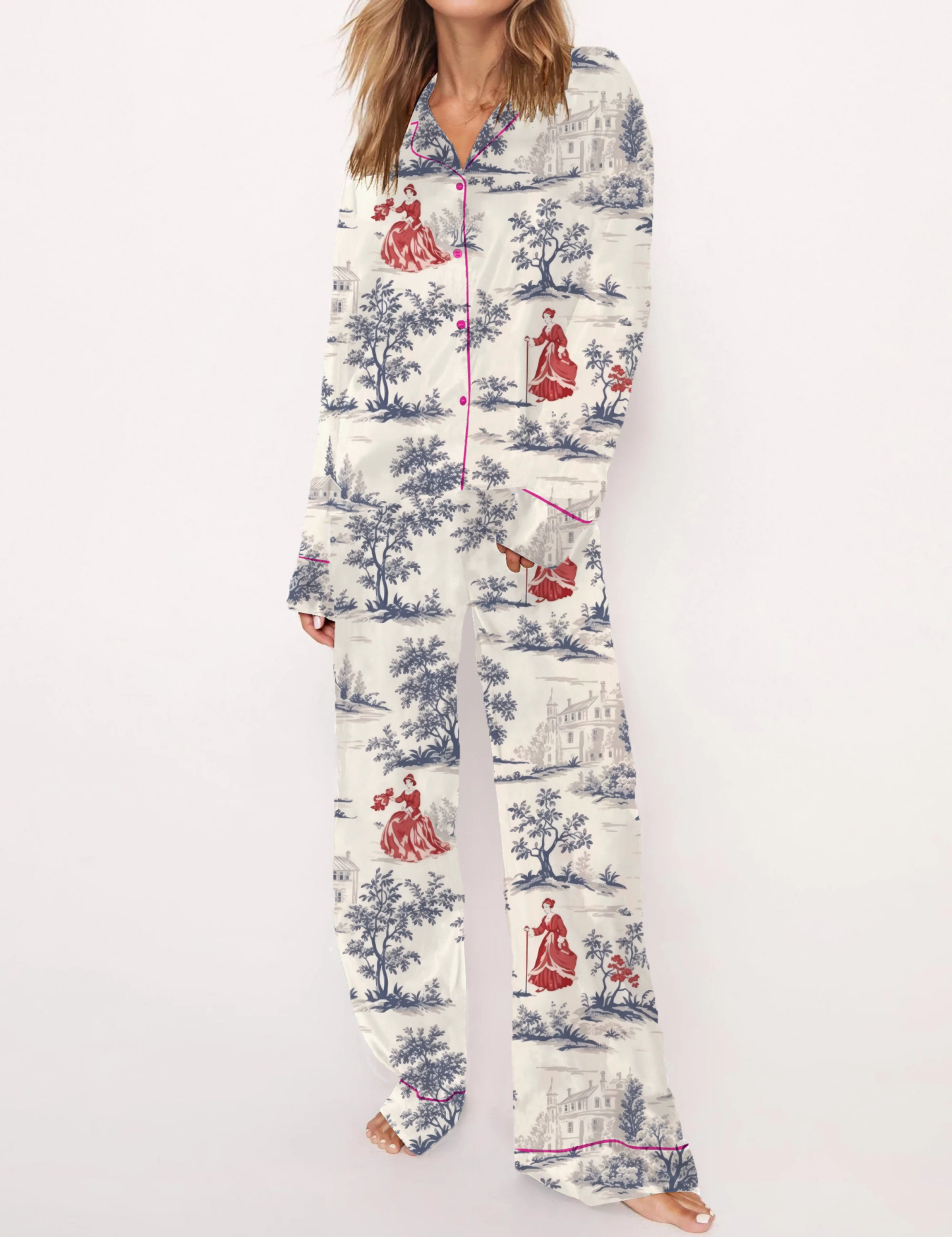 Classical Style Toile Silky Satin Pajama Short Set For Women