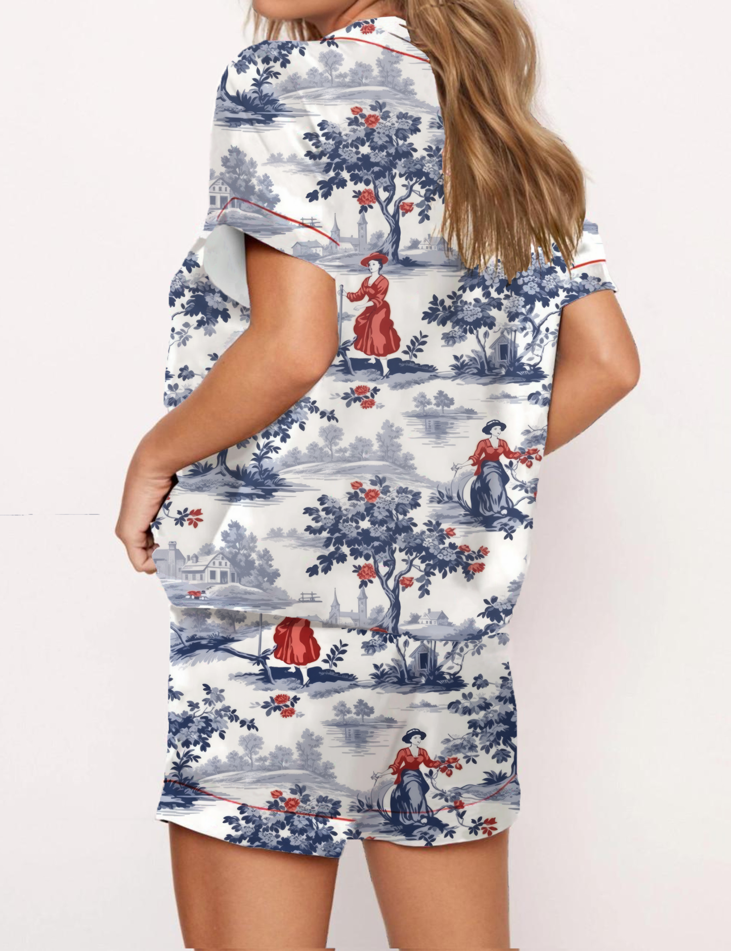 French Pastoral Retro Style Toile Silky Satin Pajama Short Set For Women
