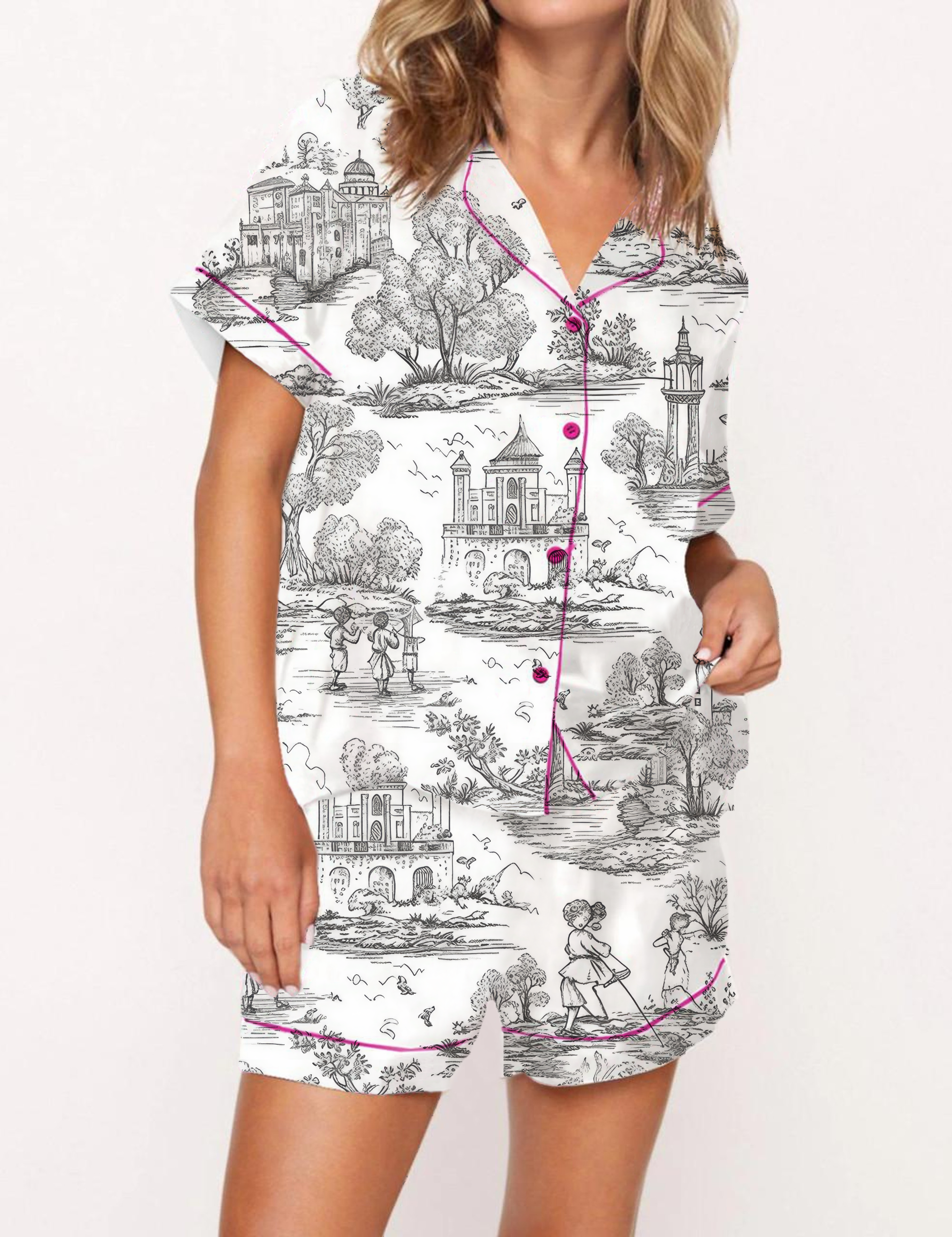 French Pastoral Retro Style Toile Silky Satin Pajama Short Set For Women
