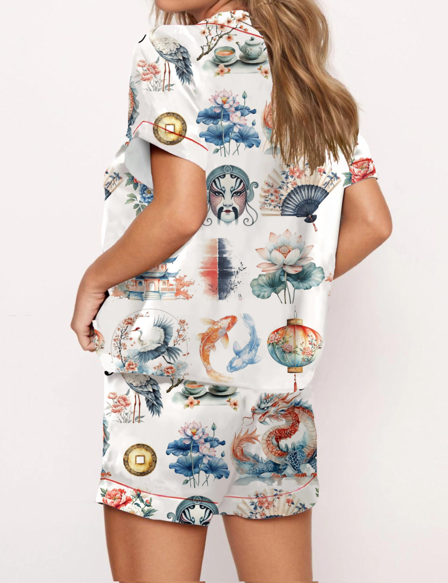 China Style Silky Satin Pajama Short Set For Women