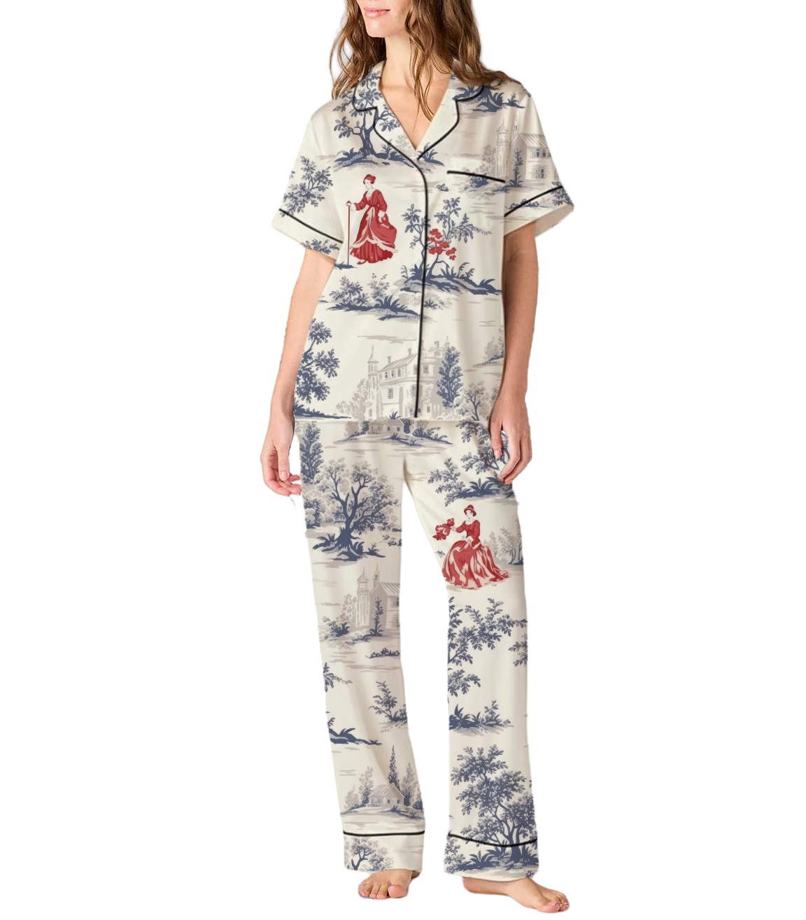 French Pastoral Retro Style Toile Silky Satin Pajama Set For Women