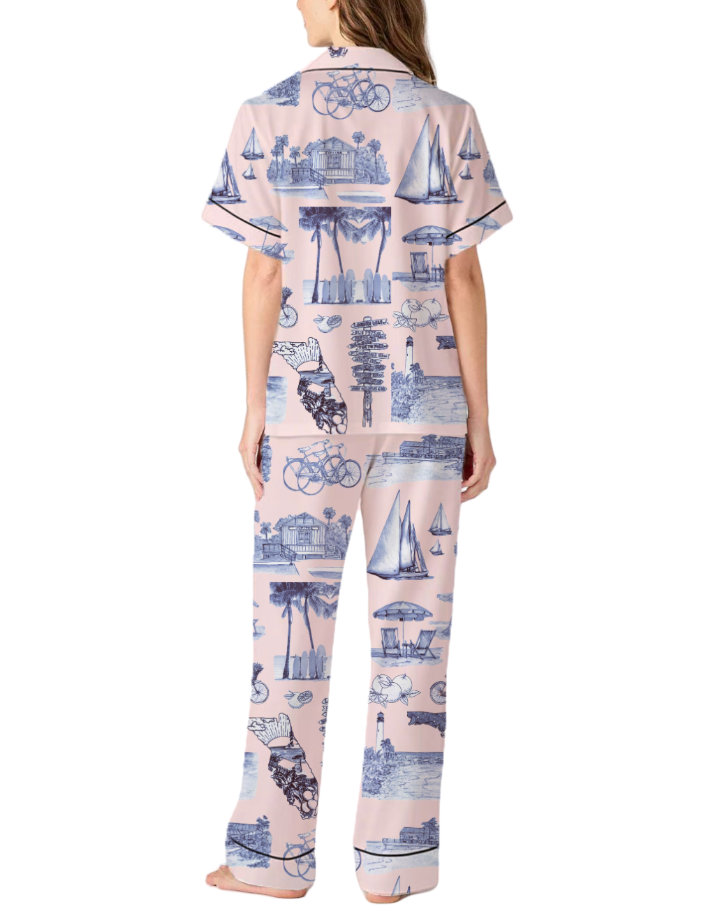 Florida Toile Silky Satin Pajama Pants Set For Women