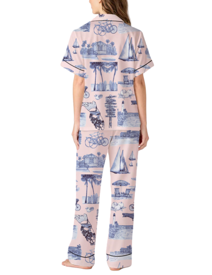 Florida Toile Silky Satin Pajama Pants Set For Women