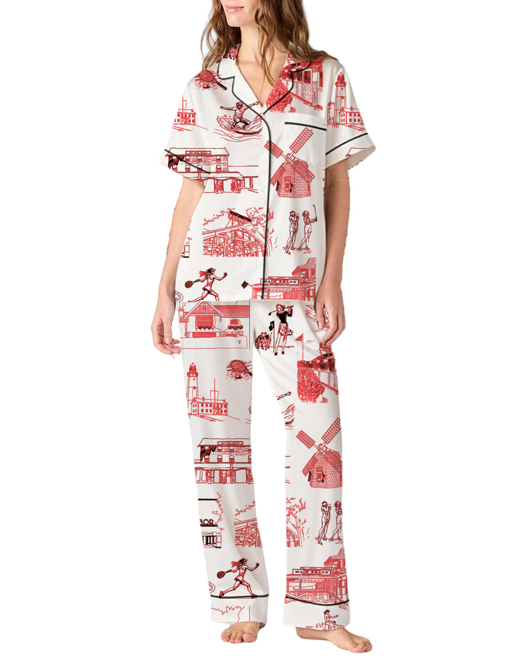 Hamptons Toile Silky Satin Pajama Pants Set For Women