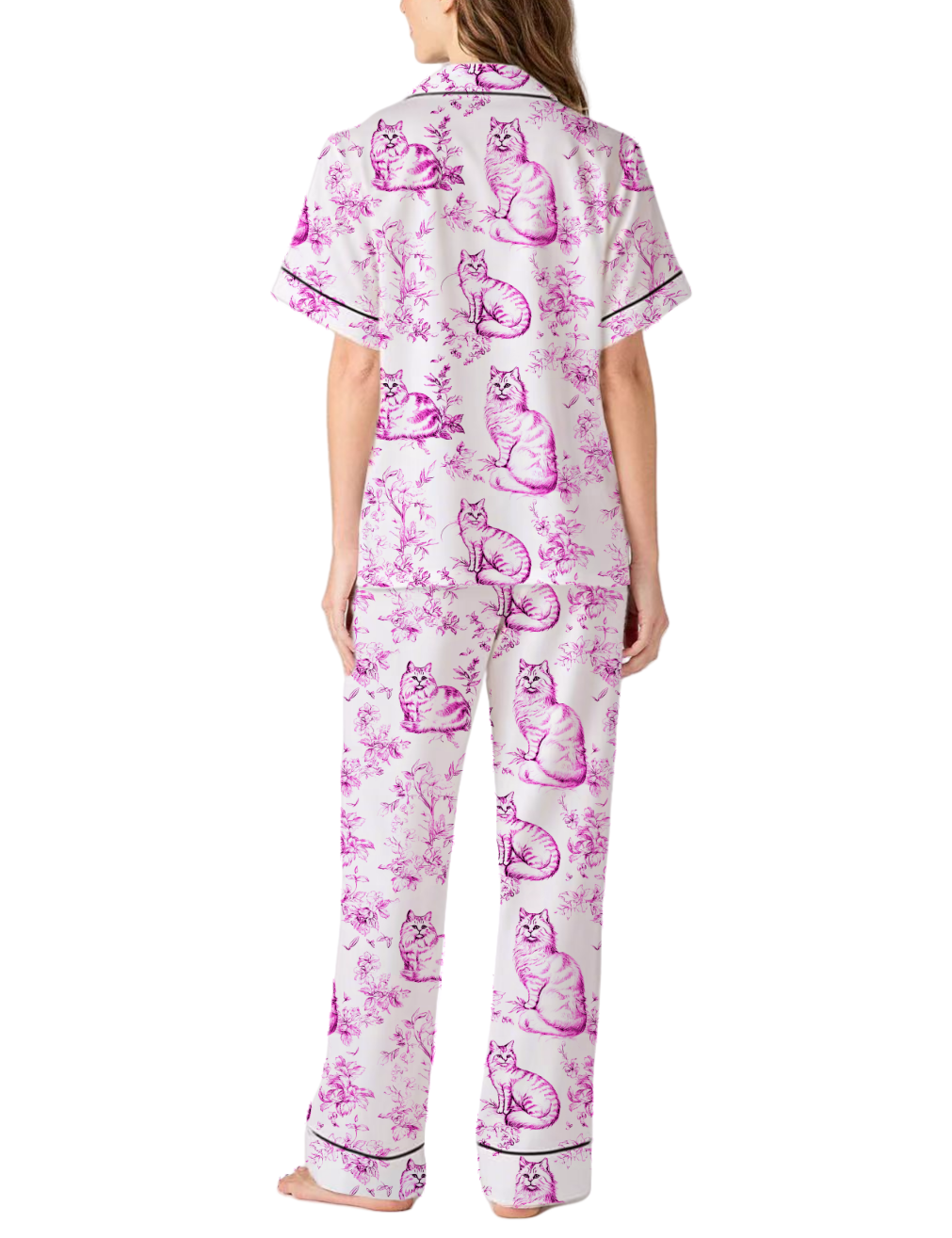 Cat Toile Silky Satin Pajama Pants Set For Women