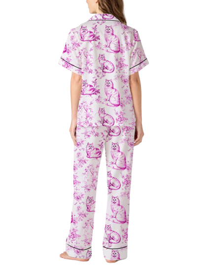 Cat Toile Silky Satin Pajama Pants Set For Women