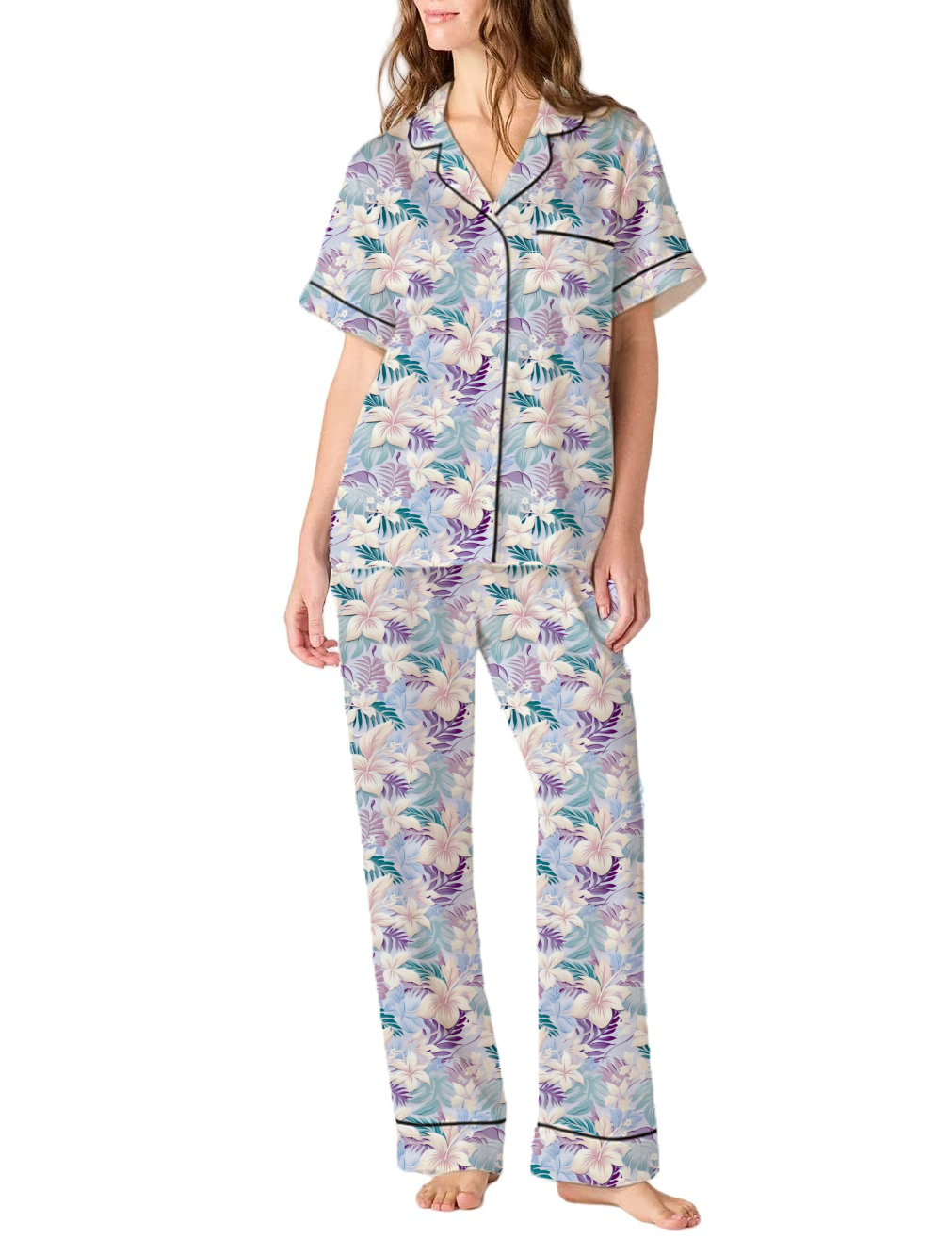 Hawaiian Style Pattern Silky Satin Pajama Pants Set For Women