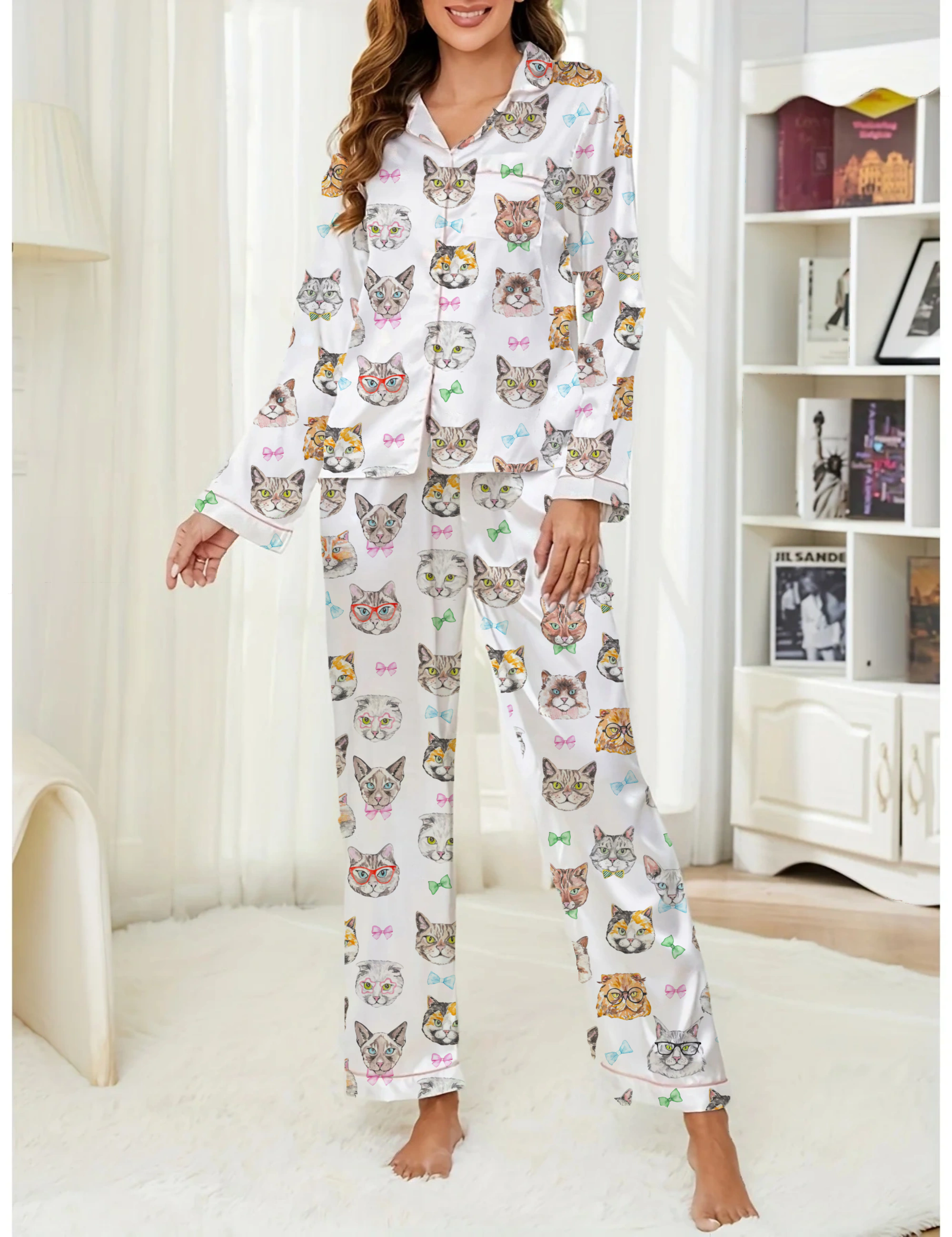 Coquette Bow Cat Silky Satin Pajama Long Set