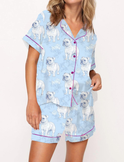 French Bulldog Toile Silky Satin Pajama Short Set For Women