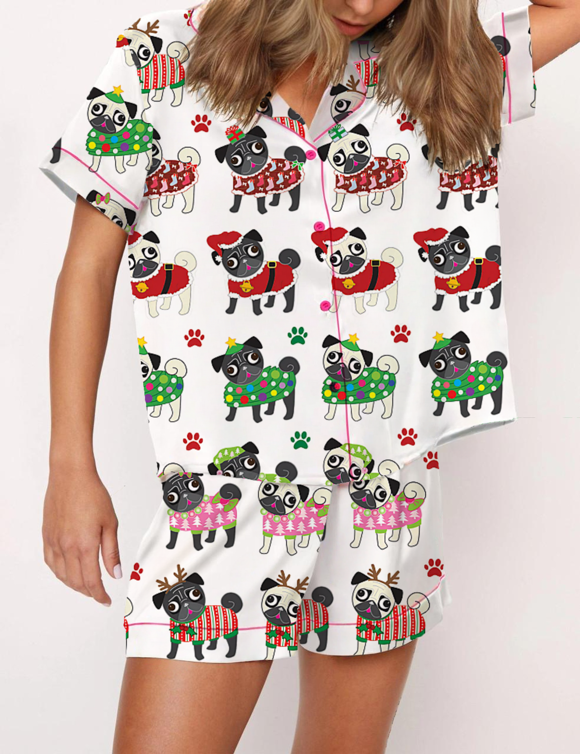 Christmas Ugly Sweater Pug Silky Satin Pajama Short Set For Women