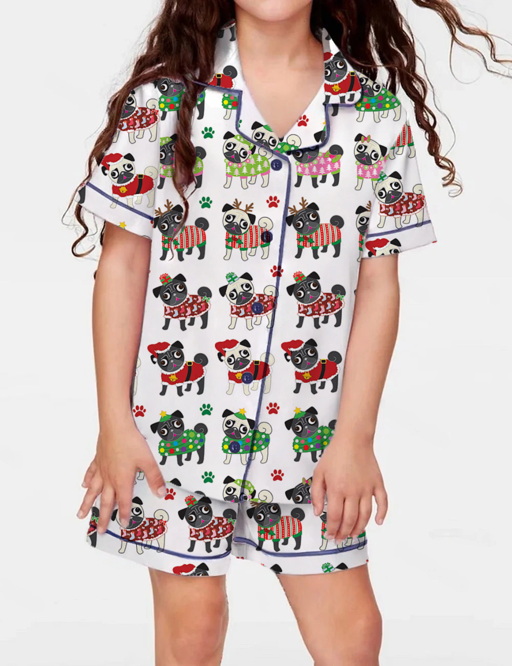 Christmas Ugly Sweater Pug Kid's Short Sleeve  Silky Satin Pajama Set 