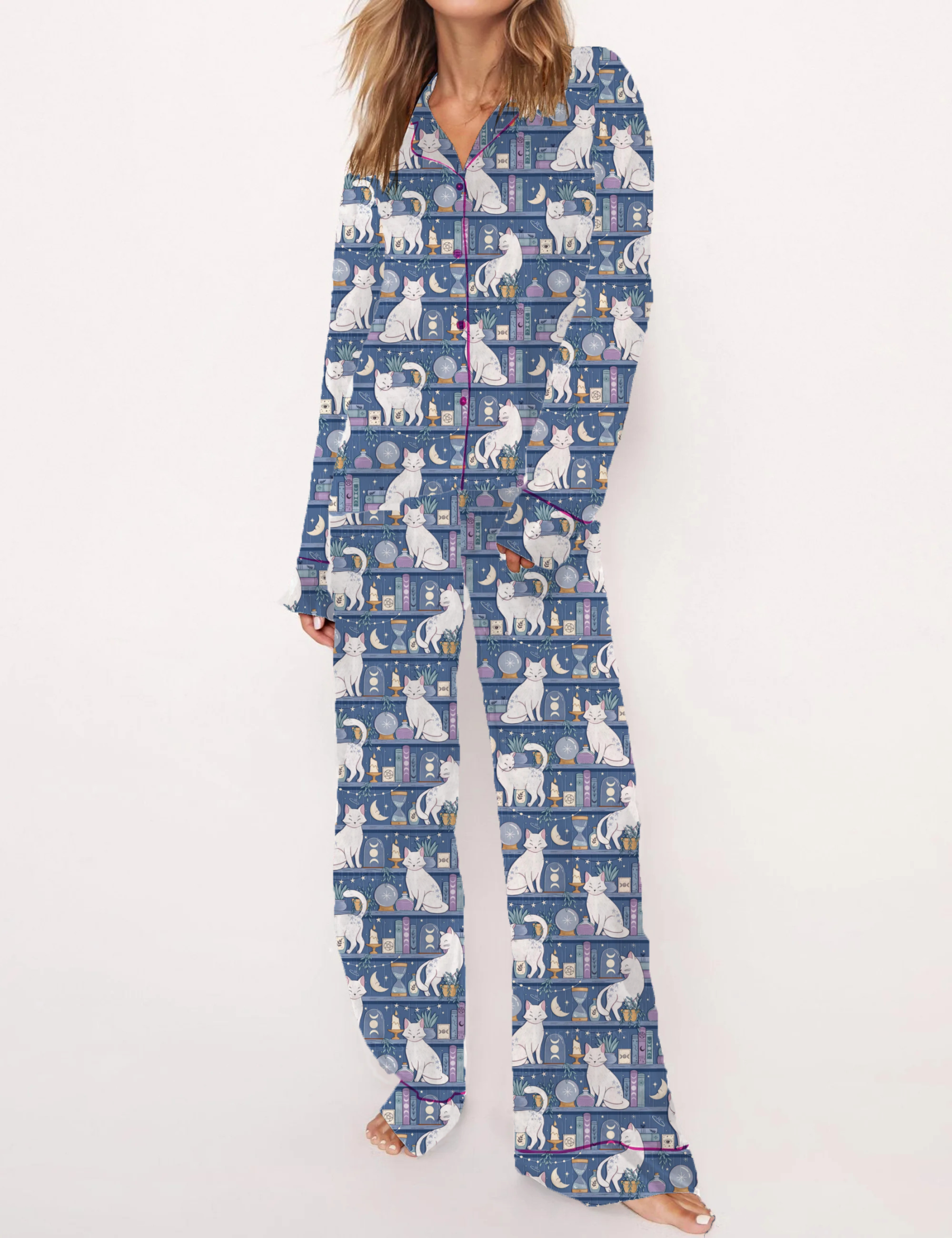 Cat Mythical Magic Potion Silky Satin Pajama Set For Women