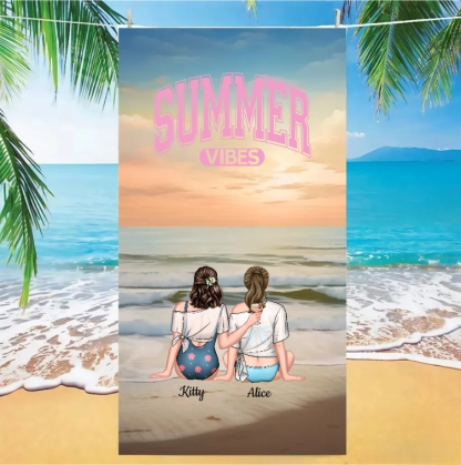 Personalized Oversized Quick Dry Microfiber Sunset Best Friend Caption "SUMMER BUM SUMMER VIBES" Beach Towel  Best Friend Gift For Her