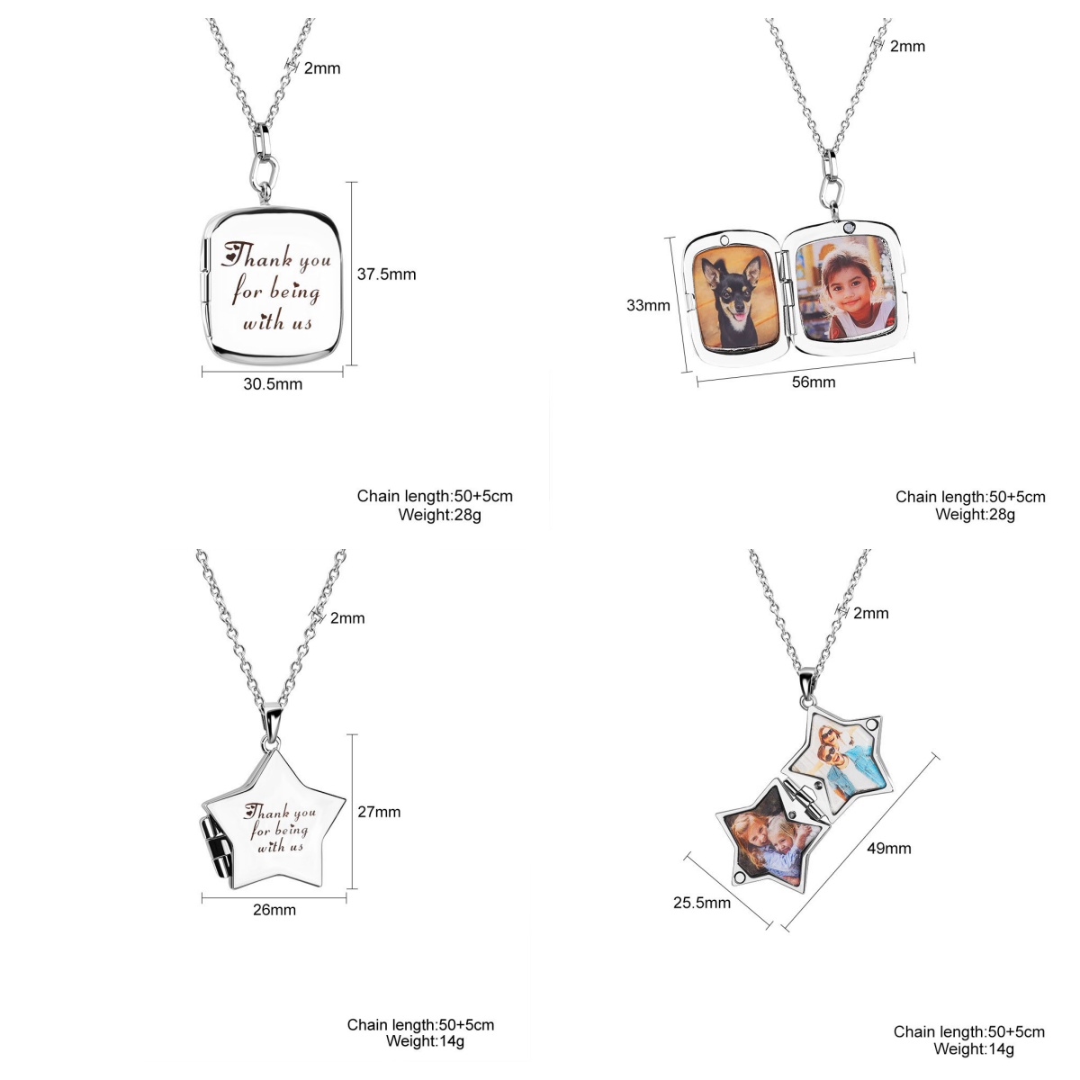 Personalized 2 Photos Square Five Stars Locket Necklace with Engraved Text Mother's Day Birthday Jewelry Gift for Women