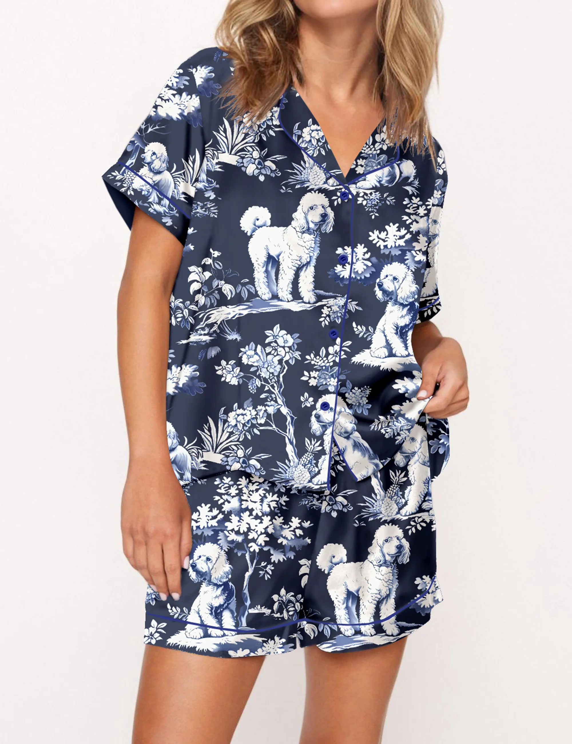 Blue Poodle Dog Silky Satin Pajama Set For Women