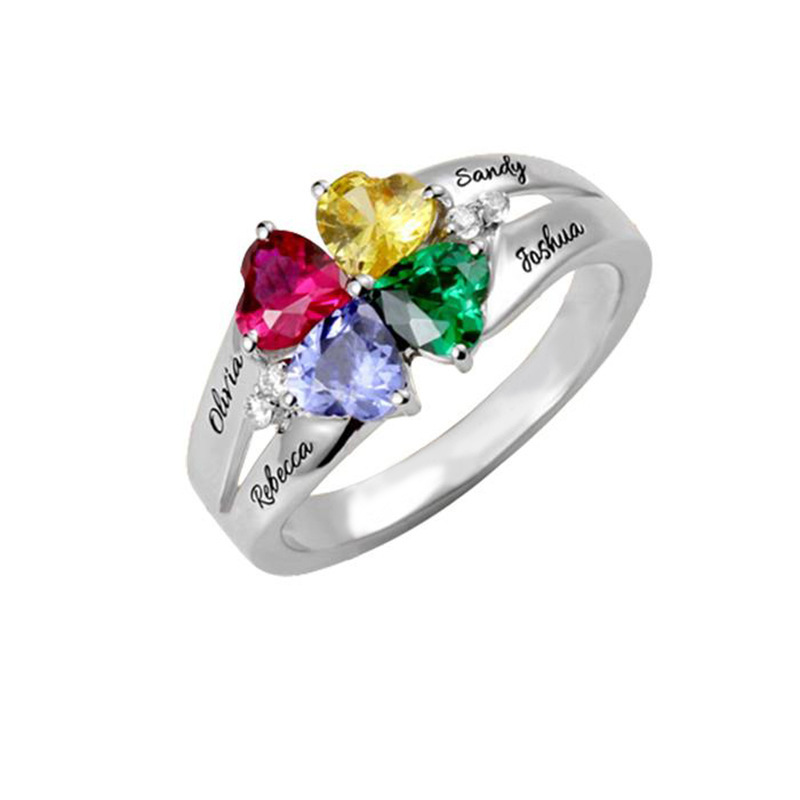 Personalized Heart Assortment 1-8 Birthstones Ring with Engraved Name and Text Mother's Day Birthday Gift for Woman
