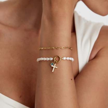 Pearl Birthstone Cross Charm Bracelet