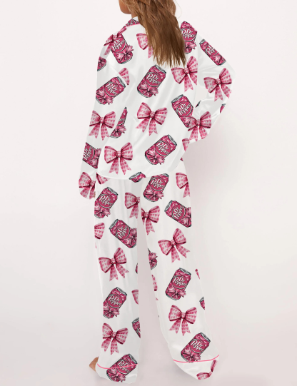 Pink Coquette Pepper Drink Satin Pajama Set For Women