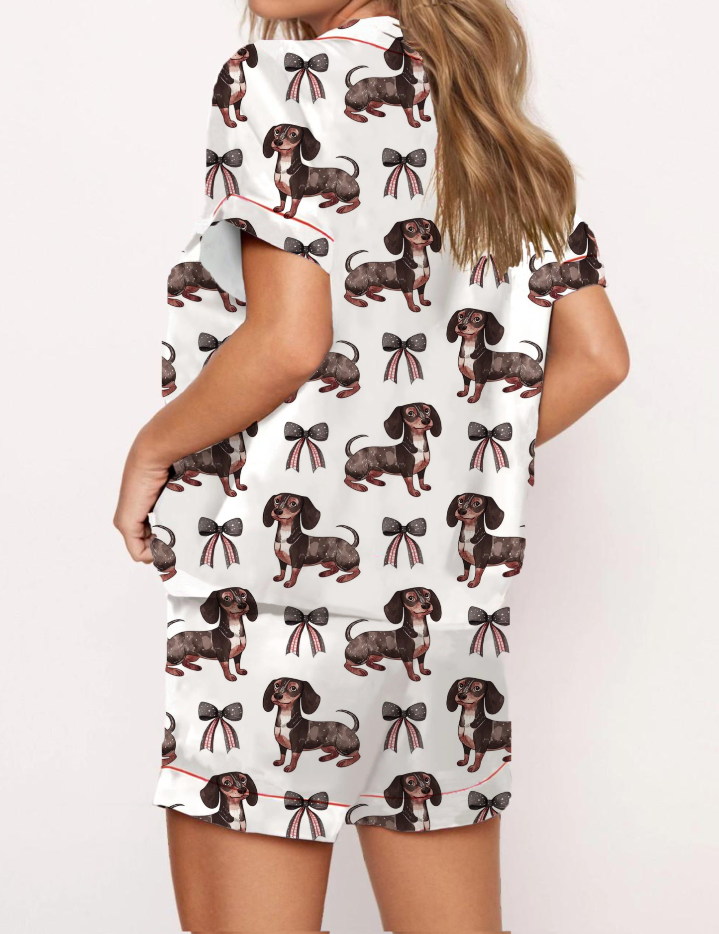 Bow Dachshund Pattern Satin Pajama Short Set