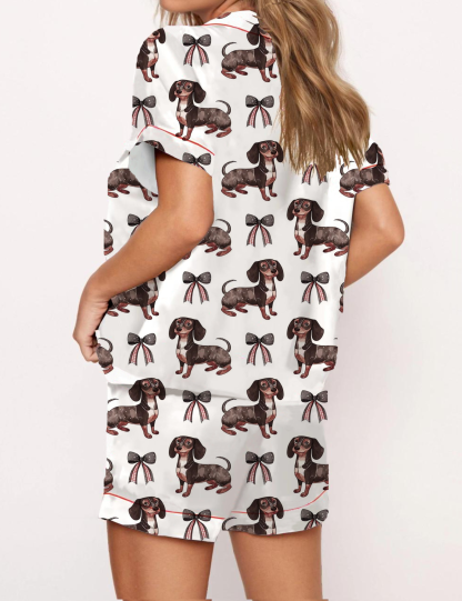 Bow Dachshund Pattern Satin Pajama Short Set