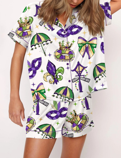 Coquette Mardi Gras Satin Pajama Set For Women