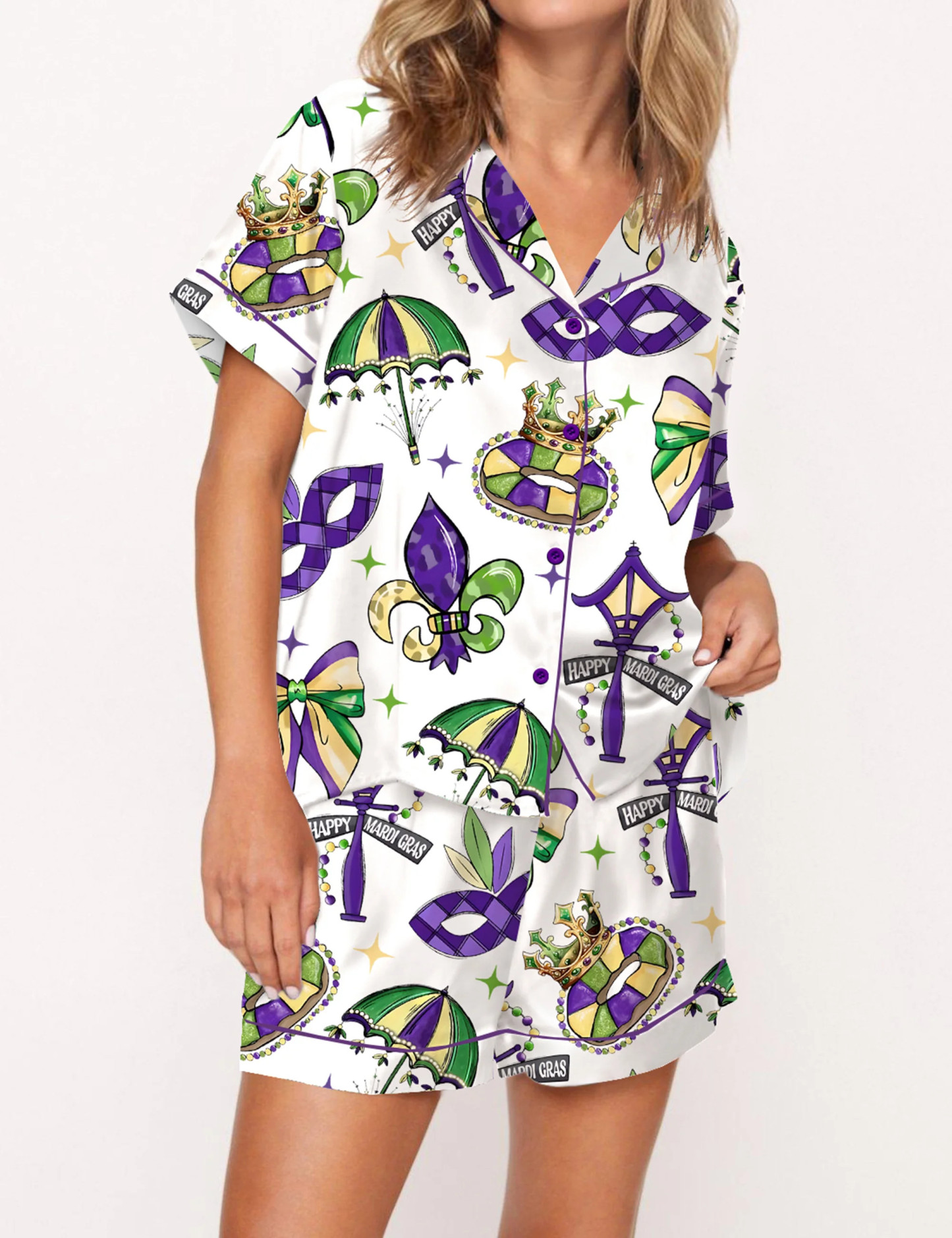 Coquette Mardi Gras Satin Pajama Set For Women