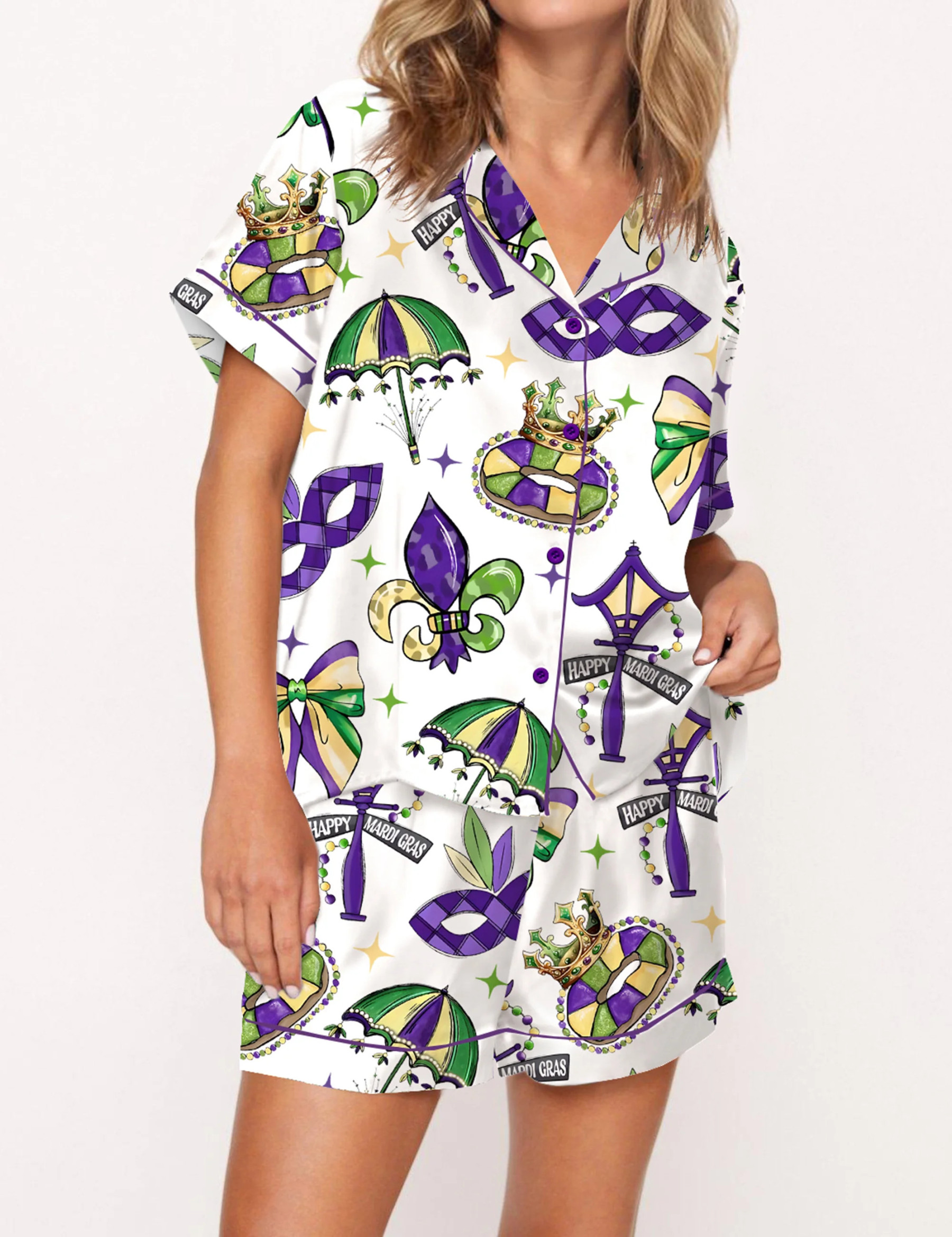 Coquette Mardi Gras Satin Pajama Set For Women